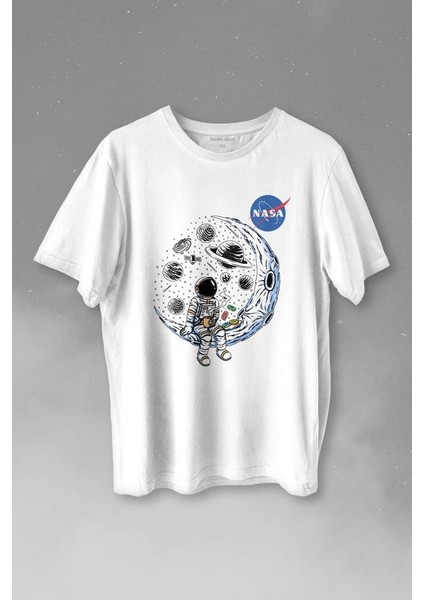 Nasa Logolu Ay Ayda Donut Yiyen Astronot Drinkin Coffee Baskılı Tişört T-Shirt Beyaz