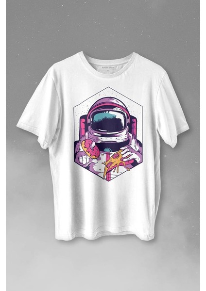 Uzayda Yemek Donut Pizza Yiyen Astronot Cosmos Baskılı Tişört T-Shirt Beyaz