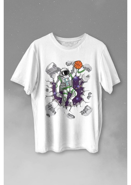 Uzayda Satürn Gezegeni Yanında Basketbol Oynayan Astronot Baskılı Tişört T-Shirt Beyaz