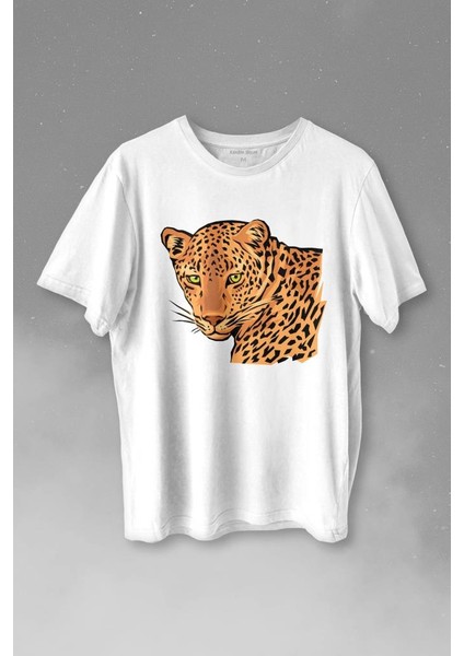 Leopard Face Çıta Lepoar Yüzü Lion Head Baskılı Tişört T-Shirt Beyaz