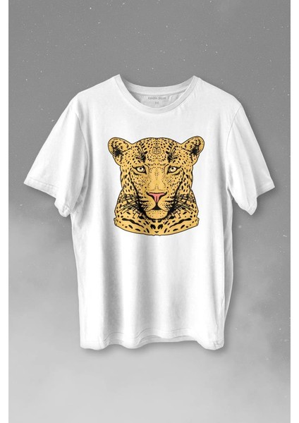 Leopard Face Çıta Lepoar Yüzü Lion Head Baskılı Tişört T-Shirt Beyaz