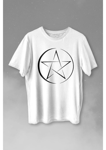 Pentagram Stencil Symbol Satanizm Baphomet Mührü Logosu Baskılı Tişört T-Shirt Beyaz