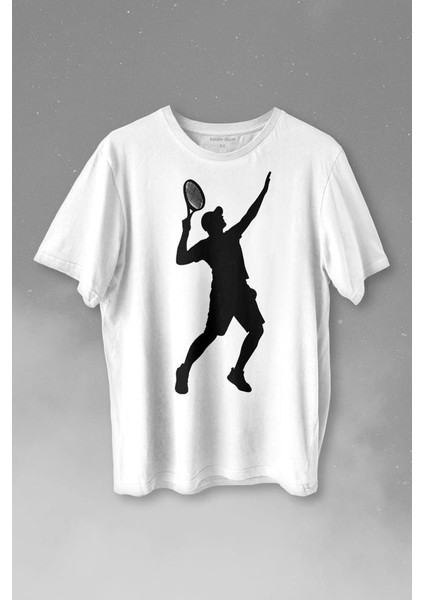 Tennis Player Tenis Raket Oyuncusu Silüet Baskılı Tişört T-Shirt Beyaz