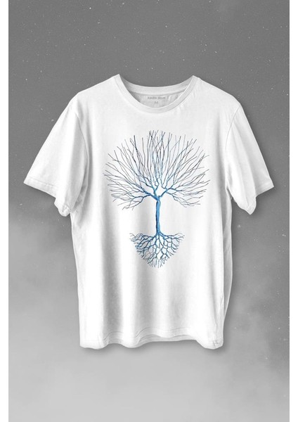 Nature Hayat Ağacı Kuru Ağaç Kökü Baskılı Tişört T-Shirt Beyaz
