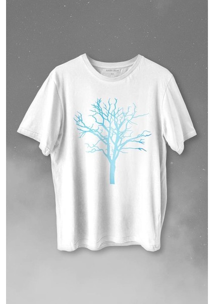Nature Hayat Ağacı Kuru Ağaç Silüeti Baskılı Tişört T-Shirt Beyaz
