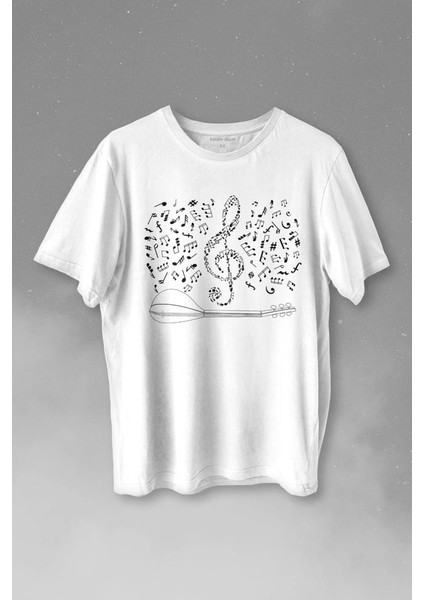 Halk Müziği Bağlama Sol Anahtarı Müzik Notası Enstrüman Baskılı Tişört T-Shirt Beyaz