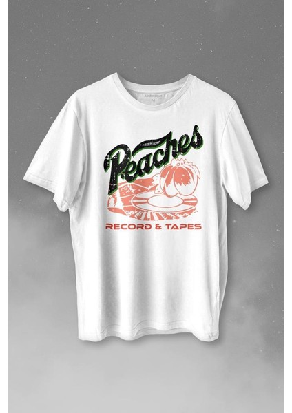 Peaches And Records Grunge Type Baskılı Tişört T-Shirt Beyaz