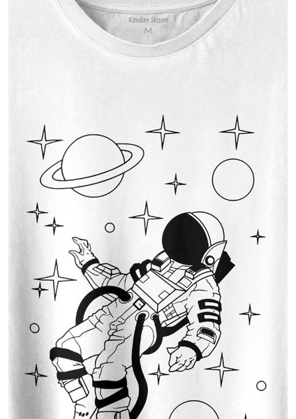 Uzayda Salınan Astronot Silüeti Satürn Gezegeni Baskılı Tişört T-Shirt Beyaz fiyatları