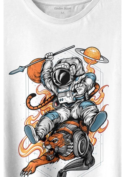 Aslan Üstünde Mızraklı Savaşçı Astronot Uzay Baskılı Tişört T-Shirt Beyaz fiyatları
