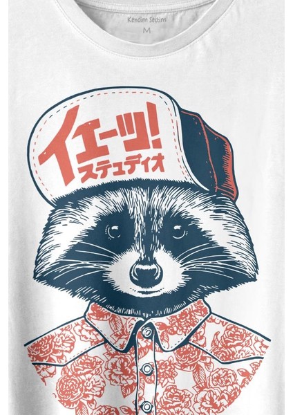 Raccoon Gömlekli Rakun Silüeti Baskılı Tişört T-Shirt Beyaz fiyatları