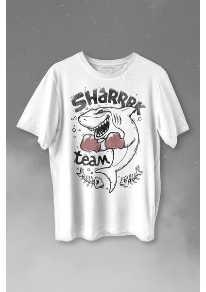 Shark Team Köpek Balığı Boks Fight Dövüşü Baskılı Tişört T-Shirt Beyaz