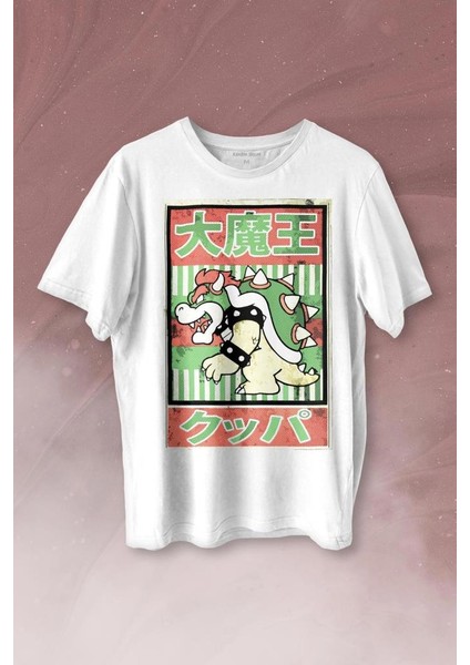 Super Mario Bowser Japanese Poster Baskılı Tişört T-Shirt Beyaz