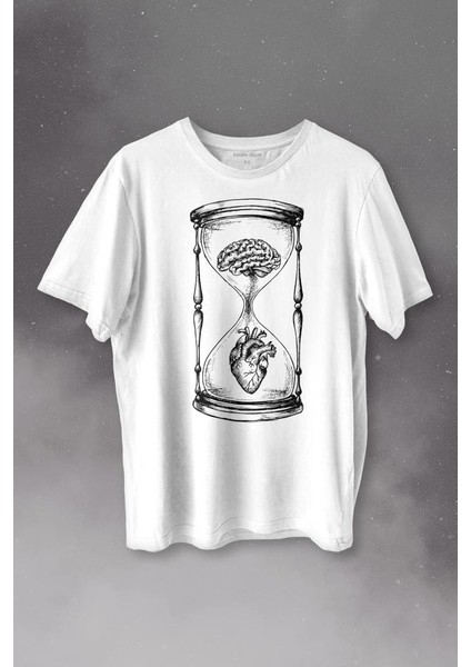 Kum Saati Kalp Beyin Aşk Mantık Baskılı Tişört T-Shirt Beyaz
