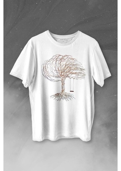 Hayat Ağacındaki Kırmızı Salıncak Kuru Ağaç Baskılı Tişört T-Shirt Beyaz