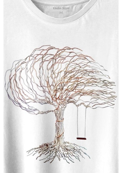 Hayat Ağacındaki Kırmızı Salıncak Kuru Ağaç Baskılı Tişört T-Shirt Beyaz fiyatları