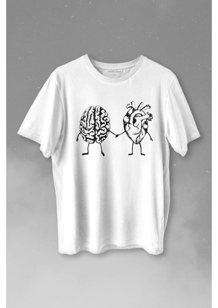 Kalp ve Beyin Aşk Akıl Mantık El Ele Duygusal Zeka Baskılı Tişört T-Shirt Beyaz
