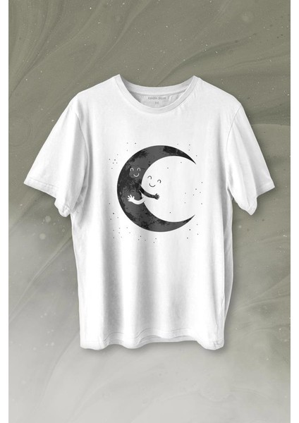 Uzayda Sarılan Ay Aşık Smile Cosmos Gülümsemesi Baskılı Tişört T-Shirt Beyaz