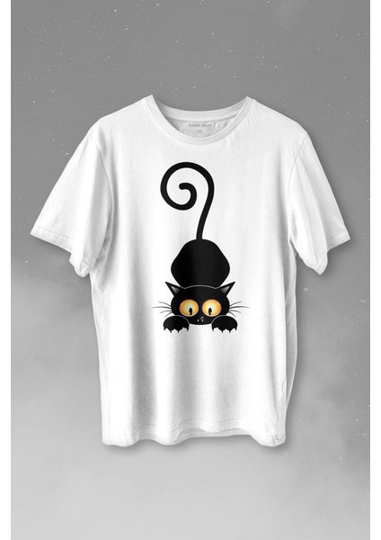 Küçük Sevimli Yavru Siyah Kedi Düşünceli Hayvan Baskılı Tişört T-Shirt Beyaz