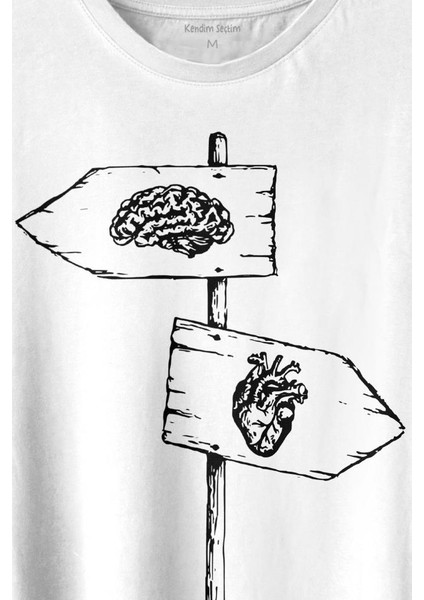 Asılan Kalp ve Beyin Aşk Akıl Mantık Ters Yön Baskılı Tişört T-Shirt Beyaz fiyatları