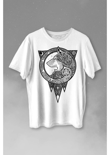 Kurt Işlemeli Dövme Wolf Silüeti Baskılı Tişört T-Shirt Beyaz