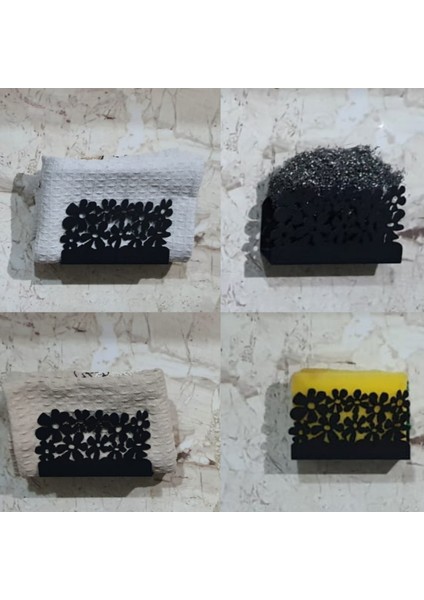 Paslanmaz Metal Çiçek Desenli Mutfak Banyo Sünger ve Bulaşık Teli Sabun Tutucu 2 Adet