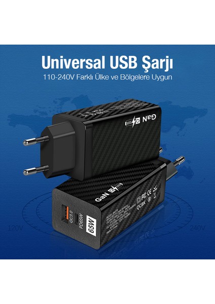 Pd 65W Gan USB + Type-C Hızlı Şarj Başlığı Şarj Aleti ALL-35457