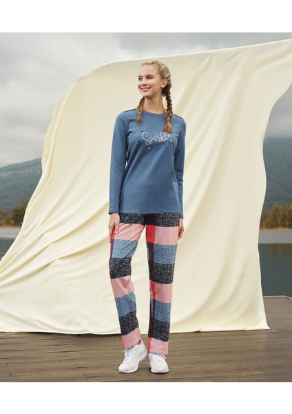 Kadın Yazı Baskılı Çok Renkli Uzun Kol T-Shirt Pijama Takımı 4113