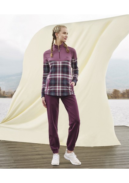 Kadın Bordo Fermuar Yakalı Kareli Uzun Kol T-Shirt Ev Giyim-Pijama Takımı 4143