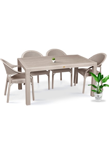 Bambu Pro 4'lü 90 x 150 cm Rattan Bahçe Balkon Masa Takımı 4 Kişilik Camsız Set Cappuccino