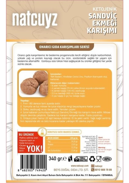 Ketojenik Glutensiz Sandviç Ekmeği Karışımı 340 gr