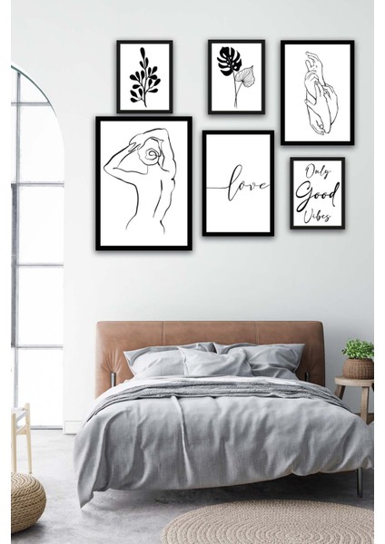 6 Parça Lineart Tarzda Sanatsal Siyah Çerçeve Görünümlü Uv Baskı Mdf Tablo Seti