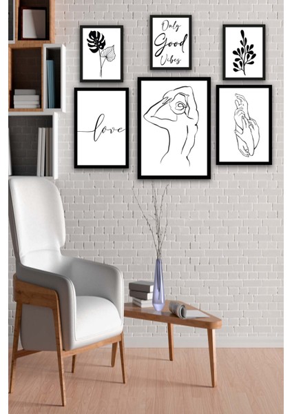 6 Parça Lineart Tarzda Sanatsal Siyah Çerçeve Görünümlü Uv Baskı Mdf Tablo Seti