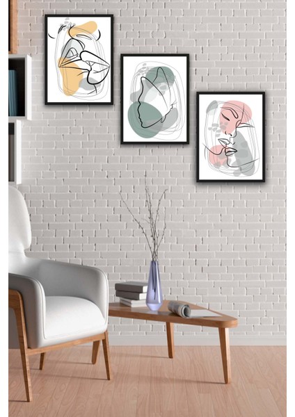 3 Parça Modern Lineart Tarzda Sanatsal Siyah Çerçeve Görünümlü Uv Baskı Mdf Tablo Seti