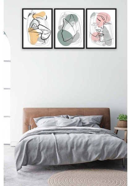 3 Parça Modern Lineart Tarzda Sanatsal Siyah Çerçeve Görünümlü Uv Baskı Mdf Tablo Seti