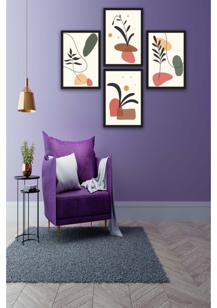 4 Parça Renkli Modern Bohem Tarzda Siyah Çerçeve Görünümlü Uv Baskı Mdf Tablo Seti
