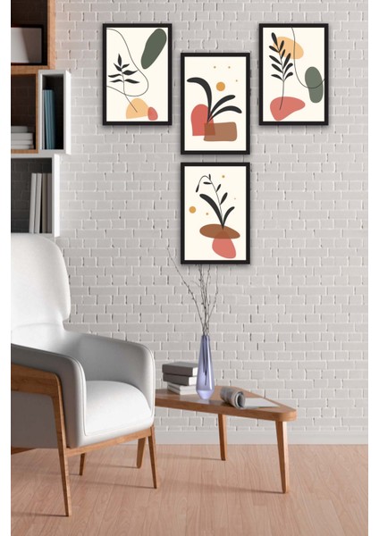 4 Parça Renkli Modern Bohem Tarzda Siyah Çerçeve Görünümlü Uv Baskı Mdf Tablo Seti