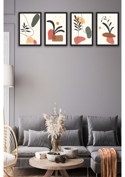 4 Parça Renkli Modern Bohem Tarzda Siyah Çerçeve Görünümlü Uv Baskı Mdf Tablo Seti