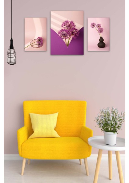 3 Parça Mor Çiçek Desenli Uv Baskı Tablo Seti