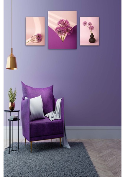 3 Parça Mor Çiçek Desenli Uv Baskı Tablo Seti