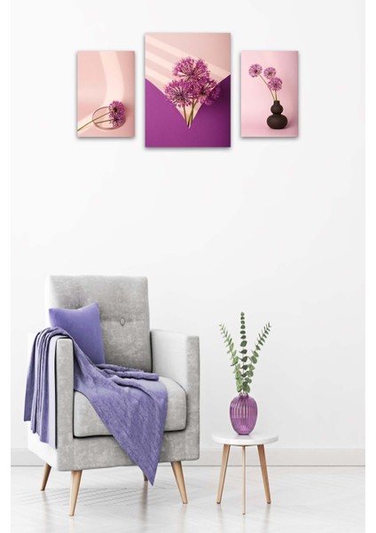 3 Parça Mor Çiçek Desenli Uv Baskı Tablo Seti