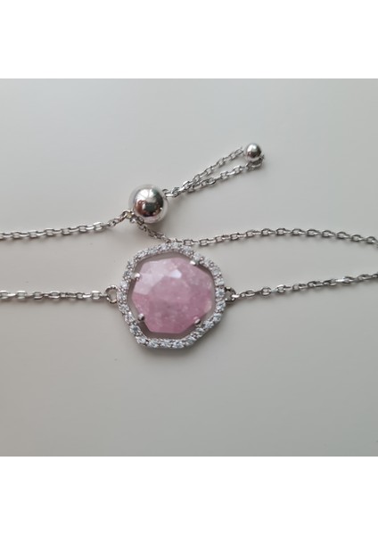 Pembe Taşlı Gümüş Bileklik