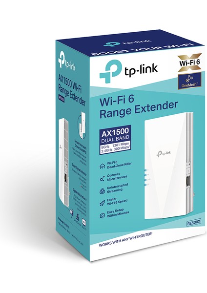 TP-Link RE500X, AX1500 Mbps, Geniş Bant/Wi-Fi Genişletici, 1 Gigabit Bağlantı Noktası ile Güçlendirici/Hotspot, Dahili Erişim Noktası Modu, Wi-Fi 6 Menzil Genişletici