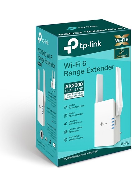 TP-Link RE705X, AX3000 Mbps, Geniş Bant/Wi-Fi Genişletici, 1 Gigabit Bağlantı Noktalı Wi-Fi Güçlendirici/Hotspot, 160 MHz Kanallar, Dahili Access Point Modu, Wi-Fi 6 Menzil Genişletici