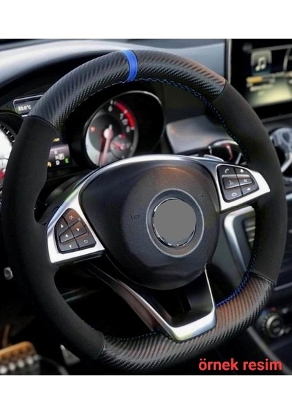 Opel Vectra C Kasa Uyumlu Alkantara-Karbon Dikmeli Direksiyon Kılıfı Mavi Yüzüklü