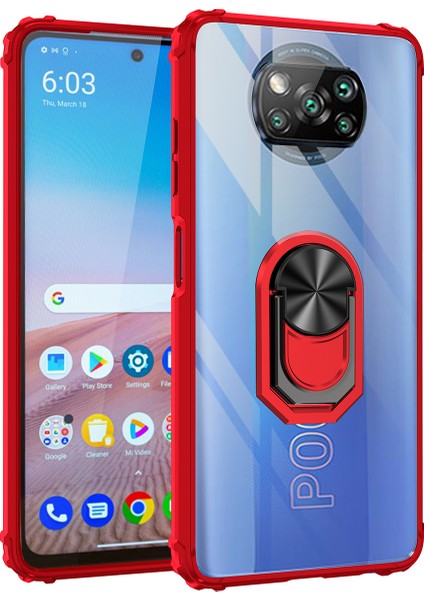 Xiaomi Poco X3 Kılıf Silikon Kenarlı Yüzüklü Manyetik Mola Kapak