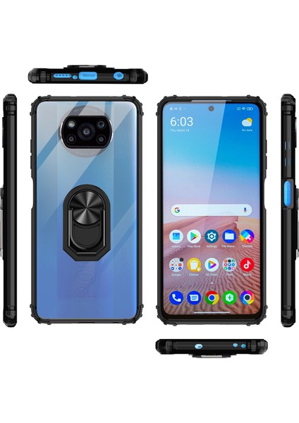 Xiaomi Poco X3 Kılıf Silikon Kenarlı Yüzüklü Manyetik Mola Kapak