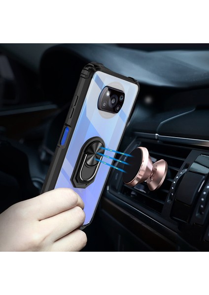 Xiaomi Poco X3 Kılıf Silikon Kenarlı Yüzüklü Manyetik Mola Kapak