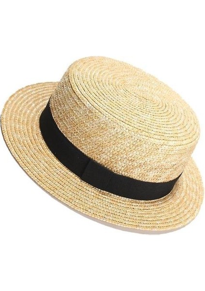 Doğal Buğday Saman Boater Fedora Üst Düz Şapka 56-58 Cm(Yurt Dışından)