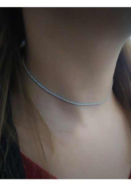 Gümüş Kısa Choker Su Yolu Taşlı Kolye KO9E67