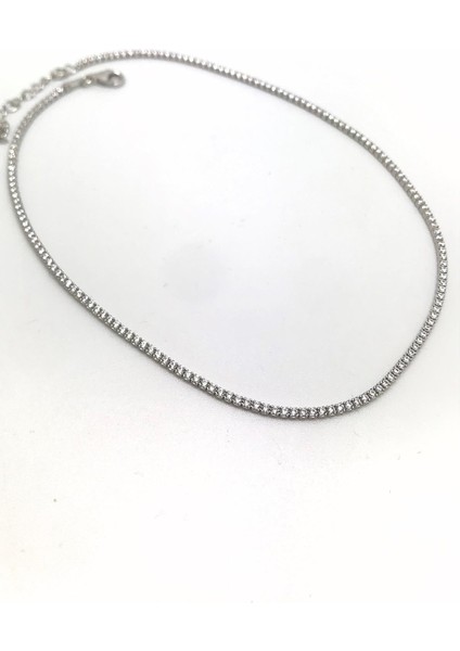Gümüş Kısa Choker Su Yolu Taşlı Kolye KO9E67
